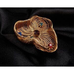 Rare Find Vintage Gold-Tone Wire Heart Brooch With Multicolor Gemstones